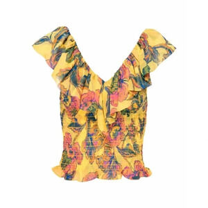 NWT MISA Los Angeles Cara Floral-Print Ruffle Smocked Top in Grand Canary Yellow